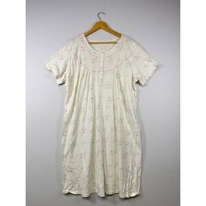 Coquette Grandmacore Nightgown Women Large Cream Pink Floral Cotton Sleep Dress